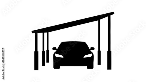 a minimalist black and white illustration depicts a vehicle parked beneath a covered structure resembling a carport or canopy high quality professional detailed modern elegant