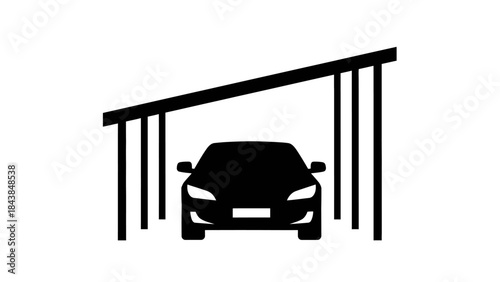 a simple black and white illustration depicts a car parked underneath a covered structure suggesting a carport or garage shelter high quality professional detailed modern