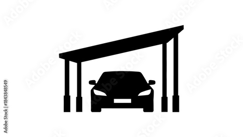 a simple black and white illustration depicts a car parked securely under a protective carport structure providing shelter high quality professional detailed modern elegant stylish