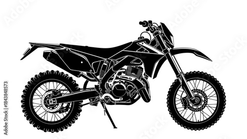 a detailed black and white illustration showcases a dirt bike parked on a flat surface featuring prominent tires and a sleek design high quality professional