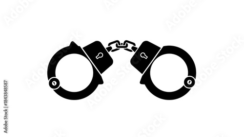 A stark depiction of black metal handcuffs symbolizing restraint law enforcement and the justice system isolated against a white background high quality professional detailed modern