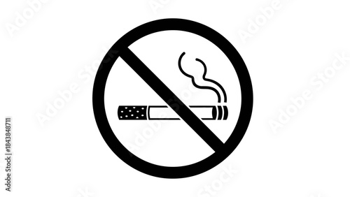a simple black and white circular sign depicting a lit cigarette with a diagonal red line crossing it indicates a prohibition on smoking in