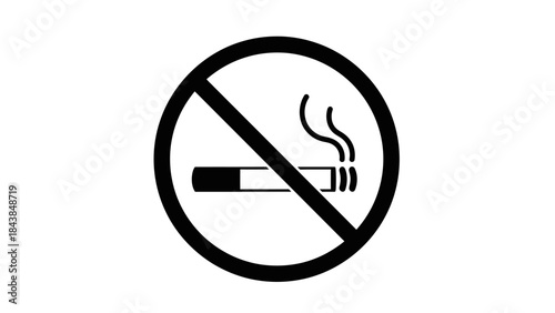 a simple black and white illustration depicts a circular prohibition sign featuring a diagonal line crossing out a lit cigarette signaling no smoking high quality