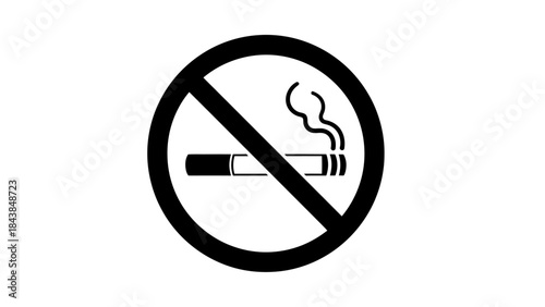 a simple black and white illustration depicts a circular prohibition sign featuring a diagonal line crossing over a lit cigarette symbolizing a no smoking