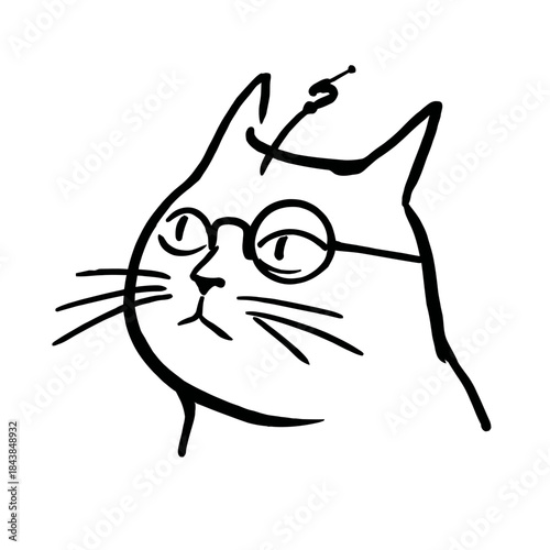 Quirky line art illustration of a smart cat wearing round glasses, black and white doodle of a cute pet animal with spectacles.