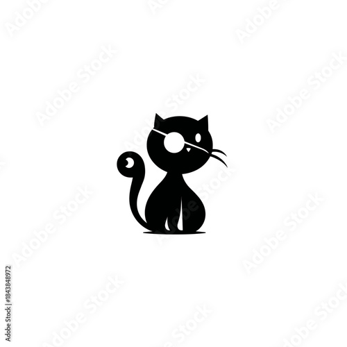 Black pirate cat illustration with eyepatch. Cute cartoon feline character, perfect for logo, mascot, or children's design concept.