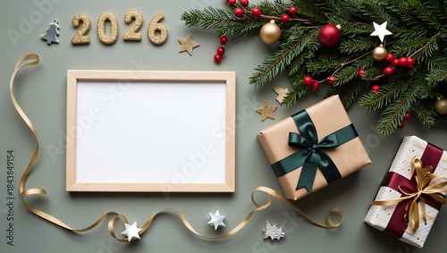 Festive 2026 New Year Flat Lay with Empty Frame, Christmas Decorations, Gift Boxes and Copy Space
