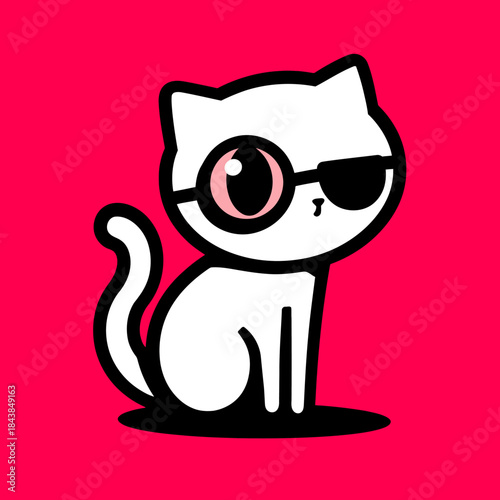 Cute cartoon white cat with a monocle and eyepatch on a vibrant pink background. Playful vector illustration of a charming feline.