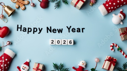 Happy New Year 2026 Flat Lay with Christmas Decorations, Gifts and Festive Frame on Blue Background