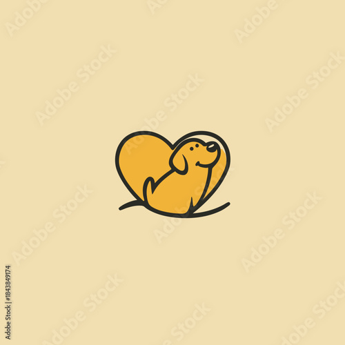Adorable yellow puppy dog sitting inside a heart outline, vector illustration symbolizing pet love, care, and animal companionship.