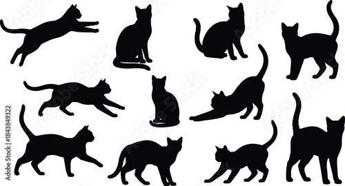 Black cat silhouette set showing playful, walking, sitting and jumping poses, minimal feline shapes ideal for design, vector and illustration use