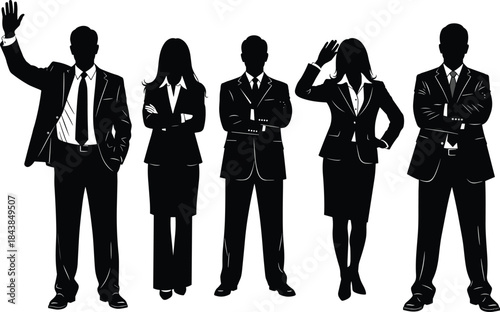 Business team silhouette illustration featuring confident professional men and women standing together in formal suits isolated on white background