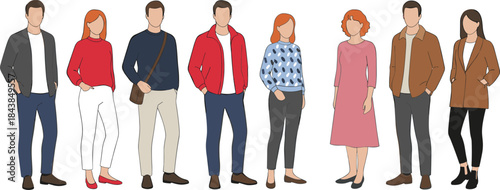 Casual people characters standing together in modern outfits, diverse men and women flat vector illustration for lifestyle and community design