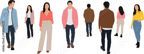 Casual people walking in different directions, modern men and women street style outfits, flat vector illustration for urban lifestyle design