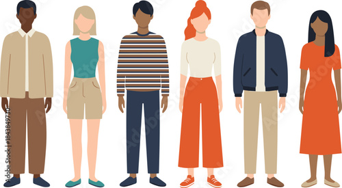 Flat diverse people characters illustration set featuring multicultural men and women standing together in modern casual fashion style isolated background