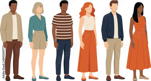 Flat diverse people characters illustration set showing multicultural men and women standing together in modern casual clothing isolated