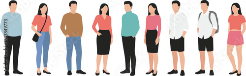 Flat Minimalist Illustrations of Diverse People in Casual and Semi-Formal Outfits for Fashion, Character Design, and Group Representation