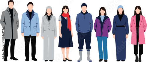 Flat people characters illustration set featuring men and women in winter and casual clothing standing together isolated on white background