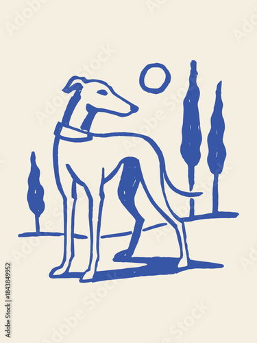 Greyhound dog in landscape minimal naive art vector illustration