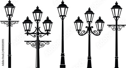 Black Silhouettes of Ornate Street Lamp Designs with Decorative Elements for Urban Planning, Vintage Illustration, and Architectural Graphic Use