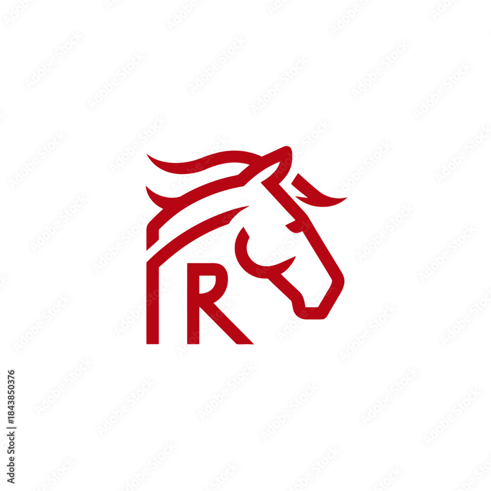 Fototapeta premium Modern minimalist red horse head logo graphic with integrated letter R, a powerful animal icon design concept