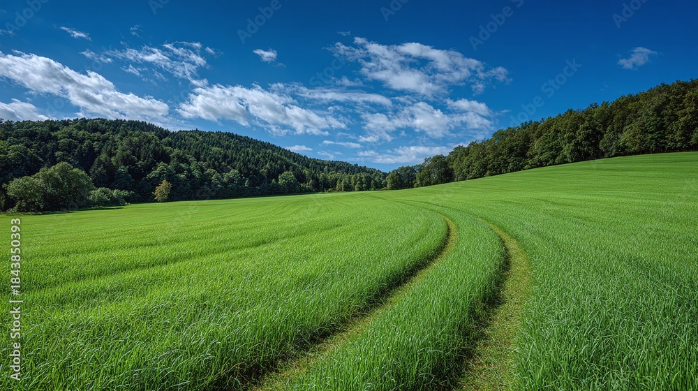 Naklejka premium Verdant landscape featuring a lush green field, a meandering path, and a backdrop of forested hills under a bright blue sky dotted with fluffy white clouds. A serene outdoor scene.