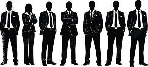 Confident business team silhouettes in formal suits standing together, corporate leadership concept illustration isolated on white background for branding
