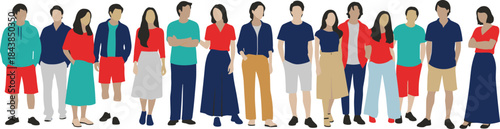 Diverse group of people standing together in casual outfits, colorful flat vector illustration representing community, teamwork, and modern lifestyle diversity