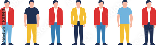 Flat vector illustration of casual young men standing together, modern colorful male characters set isolated on white background