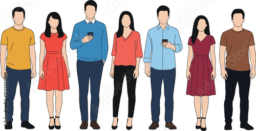 Group of young men and women standing together using smartphones, modern casual people illustration isolated on white background