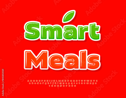 Vector Cooking badge Smart Meals. Glossy Red Font. Classic Alphabet Letters and Numbers set.