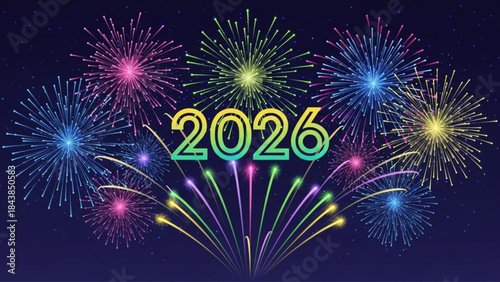 A Glimpse into the Future: 2026: The image shows fireworks display, colored lights that shine in the night, illuminating a new year.