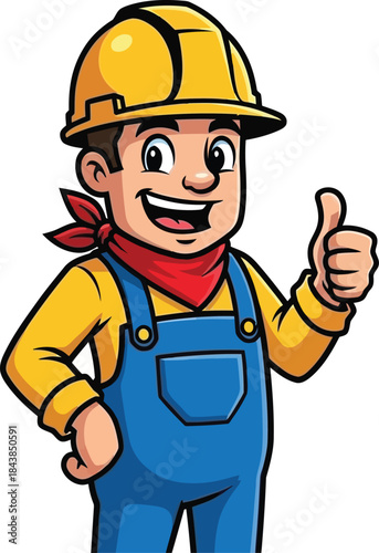 Cartoon construction worker giving a thumbs up wearing a yellow helmet and overalls