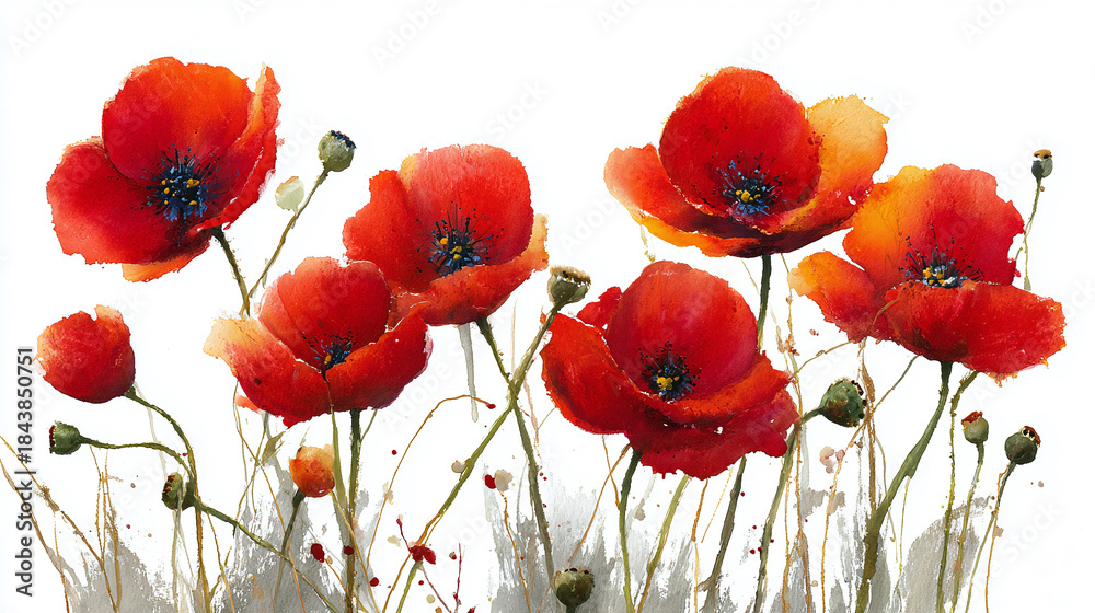 Obraz premium A vibrant watercolor painting captures the delicate beauty of red poppies in full bloom. The petals, painted with fluid brushstrokes, exude a sense of gentle grace and tranquility.