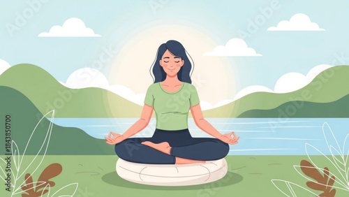 Harmony in Meditation: A woman, serene and centered, finds peace through meditation in a tranquil outdoor setting, surrounded by the calming embrace of nature.  