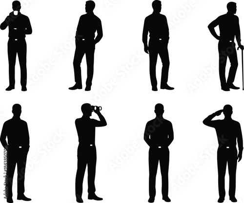 Male silhouette set with standing, saluting, observing, and senior man with cane poses isolated on white background illustration