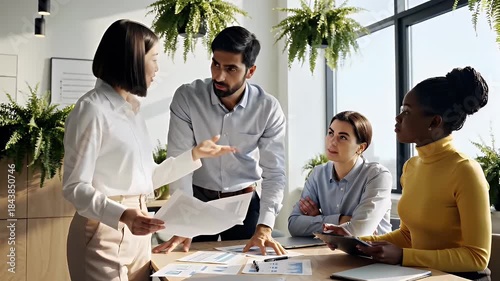 Diverse team of professionals collaborating around a table reviewing documents and designs in a modern bright office space with lush greenery