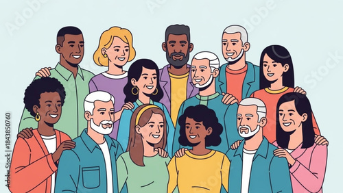 Harmonious Group Portrait: A cheerful group of diverse individuals stands united, their collective expressions radiate unity and harmony, embracing the beauty of diversity and inclusion.