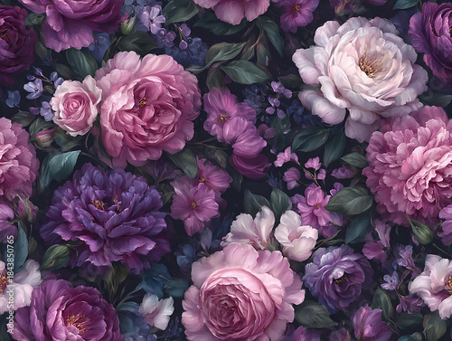 Fototapeta Naklejka Na Ścianę i Meble -  Watercolor dark floral pattern of peonies and roses in pink, blush, purple, white, and black on dark background, vintage-inspired, hyper-realistic digital art