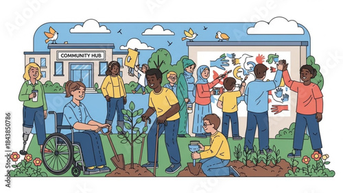 Community Unity in Action: A diverse group of individuals come together to plant trees and collaborate on a mural, symbolizing the power of unity and community spirit.