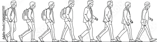 Minimal line art illustration of men walking in sequence, modern urban lifestyle concept with business casual outfits and backpacks