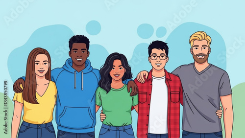 United in Friendship: A diverse group of friends stands together, embodying camaraderie and the joy of shared moments. The scene radiates warmth and togetherness.