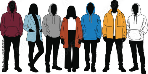Modern casual fashion silhouettes wearing hoodies and jackets, diverse streetwear people lineup isolated on white background illustration