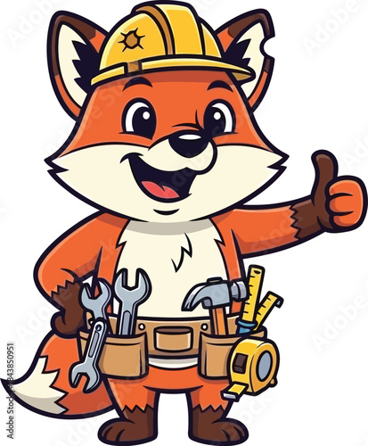 A cheerful cartoon fox wearing a yellow hard hat and construction tools shows approval