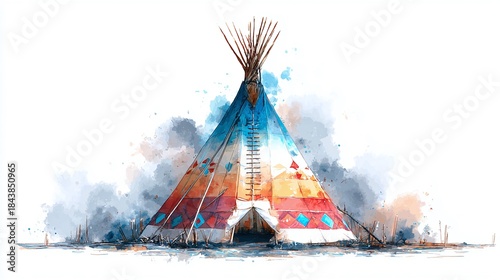 Artistic watercolor rendition of a traditional teepee. The canvas captures the essence of indigenous architecture with vibrant hues and subtle splashes.