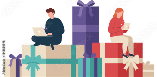 People sitting on stacked gift boxes using laptops and tablets, modern flat vector illustration for online shopping, holiday, and celebration concept