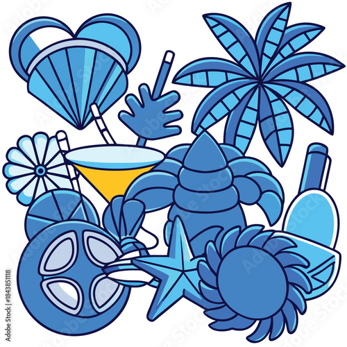 Blue line featuring tropical with a cocktail glass and starfish line tropical
