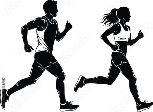 Running man and woman silhouette illustration showing athletic male and female joggers in motion fitness training concept isolated on white background