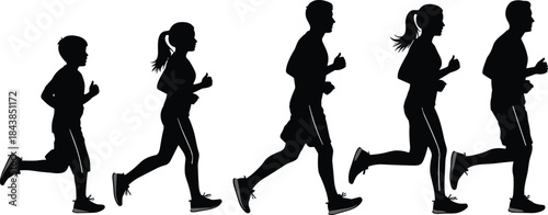 Silhouette runners in motion showing men women and child jogging together, fitness lifestyle concept isolated on white background
