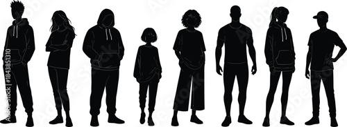 Urban people silhouette vector set featuring diverse men women and kids standing together, modern lifestyle characters isolated on white background